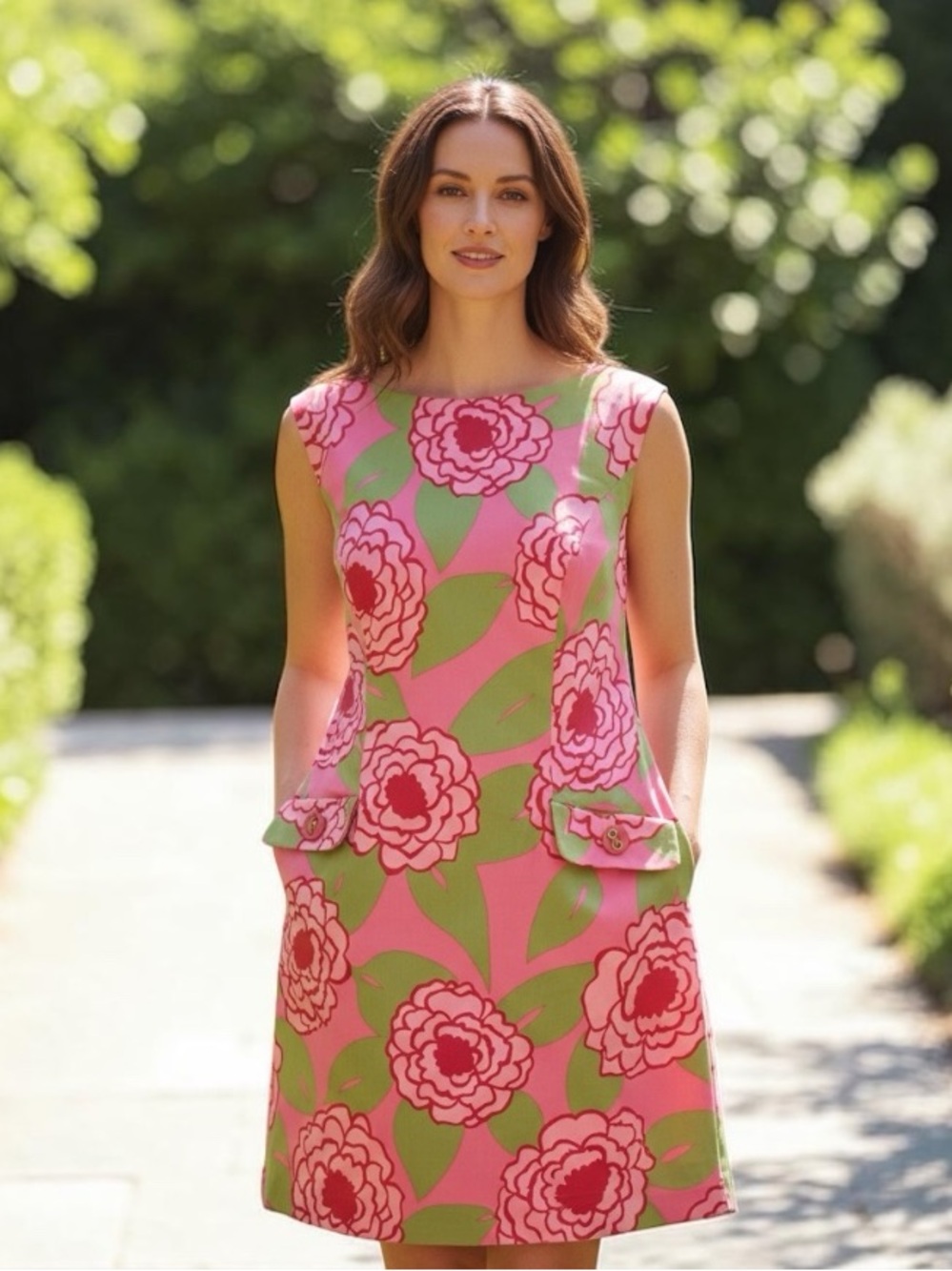 Sleeveless Pink Floral Shift Dress with Green Leaves